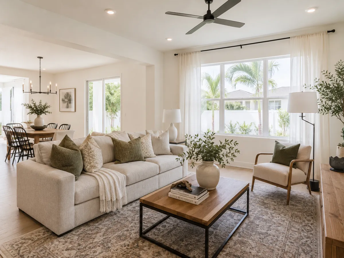 How to stage a St. Cloud, FL home for sale — step-by-step living room staging with neutral decor and natural light to sell faster