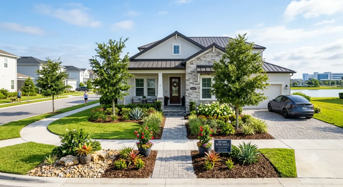 Lake Nona home exterior with fresh landscaping and curb appeal