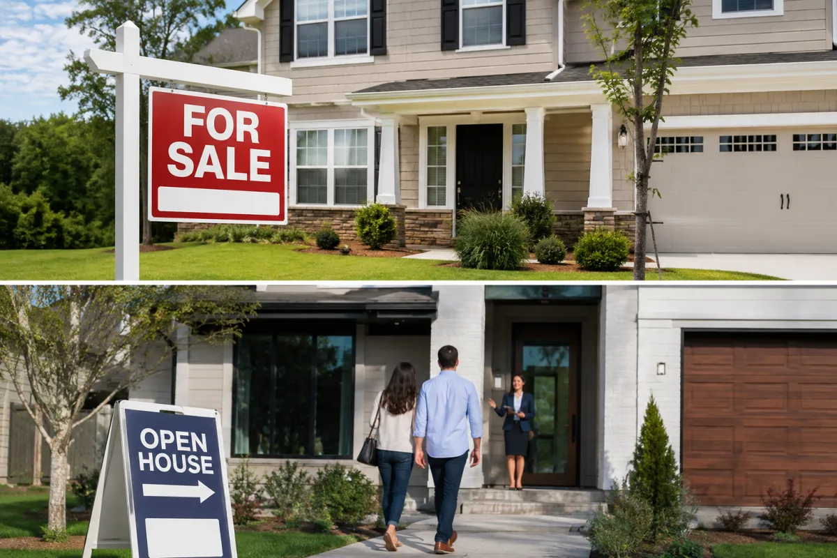 Couple touring a modern Orlando-area home during an open house while preparing to sell their current house and buy their next home.