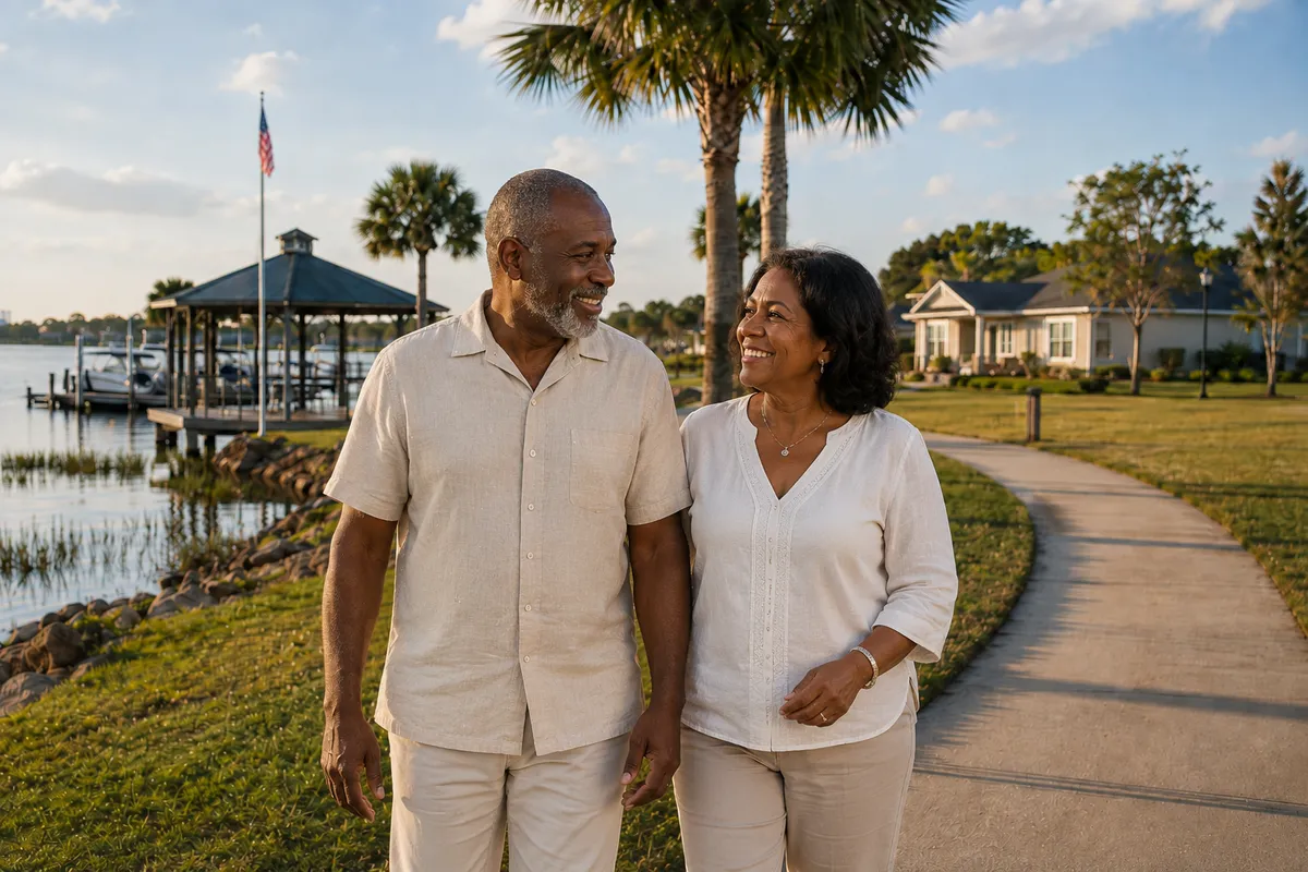 Older Black couple holding hands while walking along the St. Cloud Lakefront in Florida, with palm trees, a waterfront gazebo, and nearby homes, representing homeowners choosing to right-size for their next chapter.