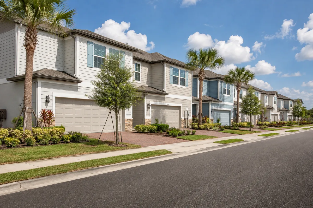 St. Cloud, Florida townhome community streetscape with modern attached homes, palm trees, sidewalks, and manicured landscaping, representing the June 2026 townhome and condo market.