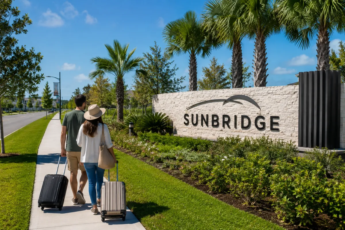 Couple relocating to Sunbridge, Florida, walking with luggage past the Sunbridge community entrance near Weslyn Park in Central Florida.
