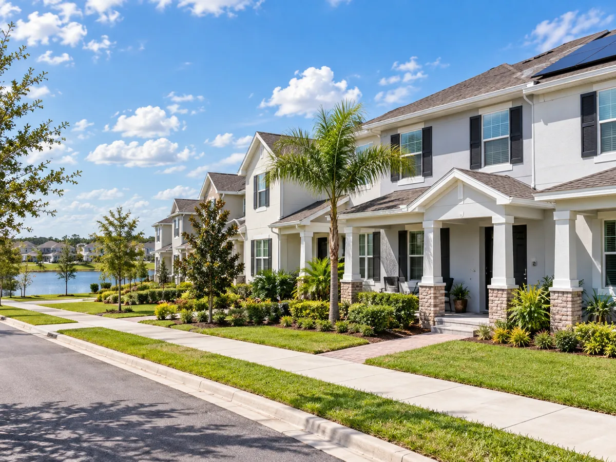 Storey Park townhome exterior in Lake Nona showing attached home architecture with two-car garage