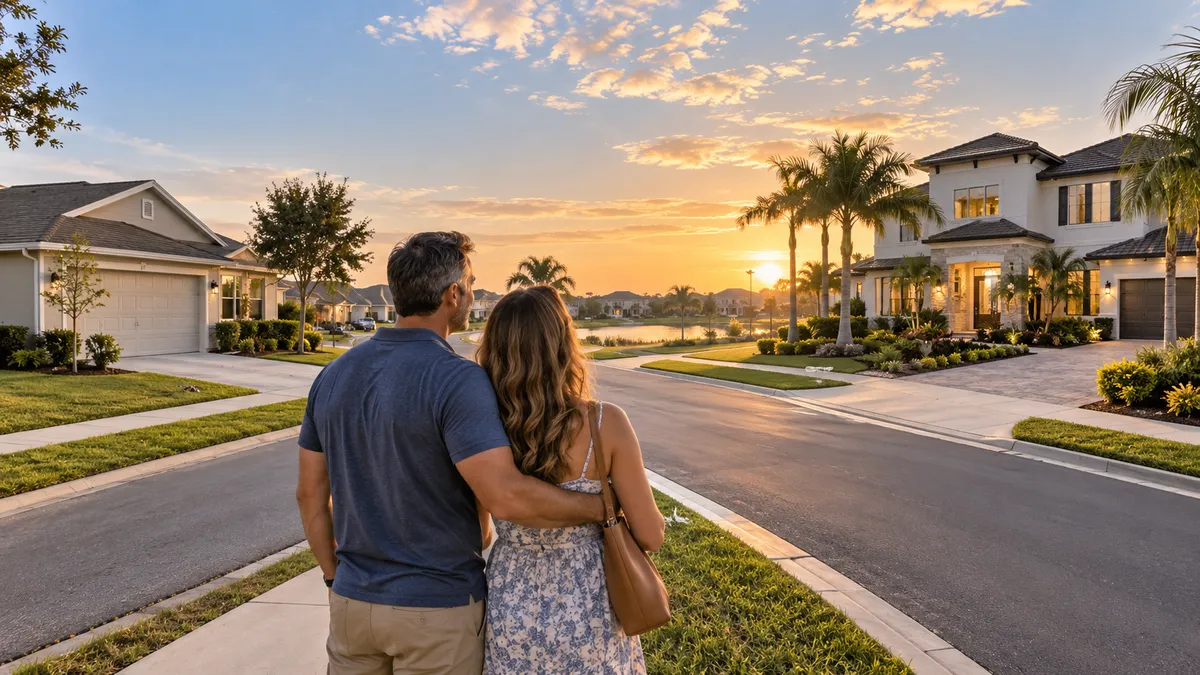 Couple considering a larger home in Horizon West, Florida, with spacious suburban homes, palm trees, and a sunset neighborhood view, representing an upsizing move from St. Cloud.