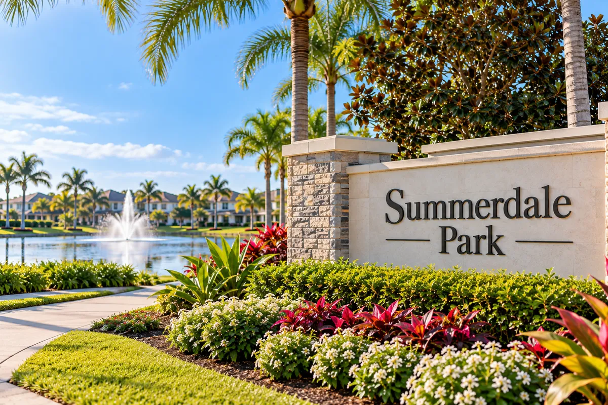 Summerdale Park entrance in Lake Nona, Orlando, with palm trees, tropical landscaping, a lake fountain, and neighborhood homes, representing the July 2026 real estate market update