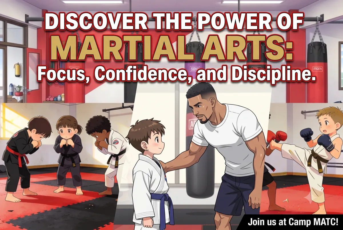"DISCOVER THE POWER OF MARTIAL ARTS." It features three anime-style illustrations of children: a group bowing in respect, a young student listening to an instructor, and a child executing a kick, all demonstrating focus, confidence, and discipline.