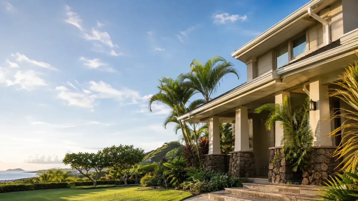 Single-story Oahu home with long rooflines, clean gutters, multiple downspouts, landscaped yard, and driveway.