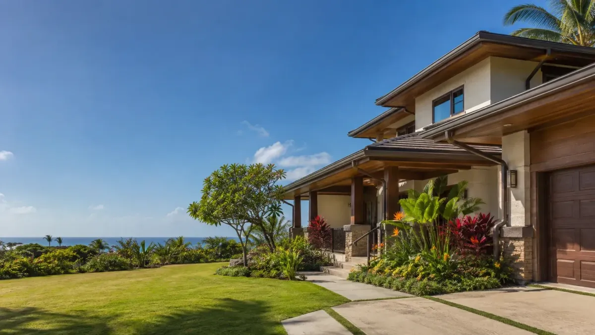 Close-up of a clean seamless gutter, fascia, roof edge, and downspout connection on a Honolulu home.