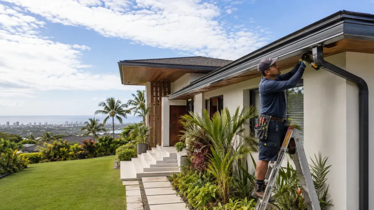 Professional installing a complete residential rain gutter and downspout system on a Honolulu home.