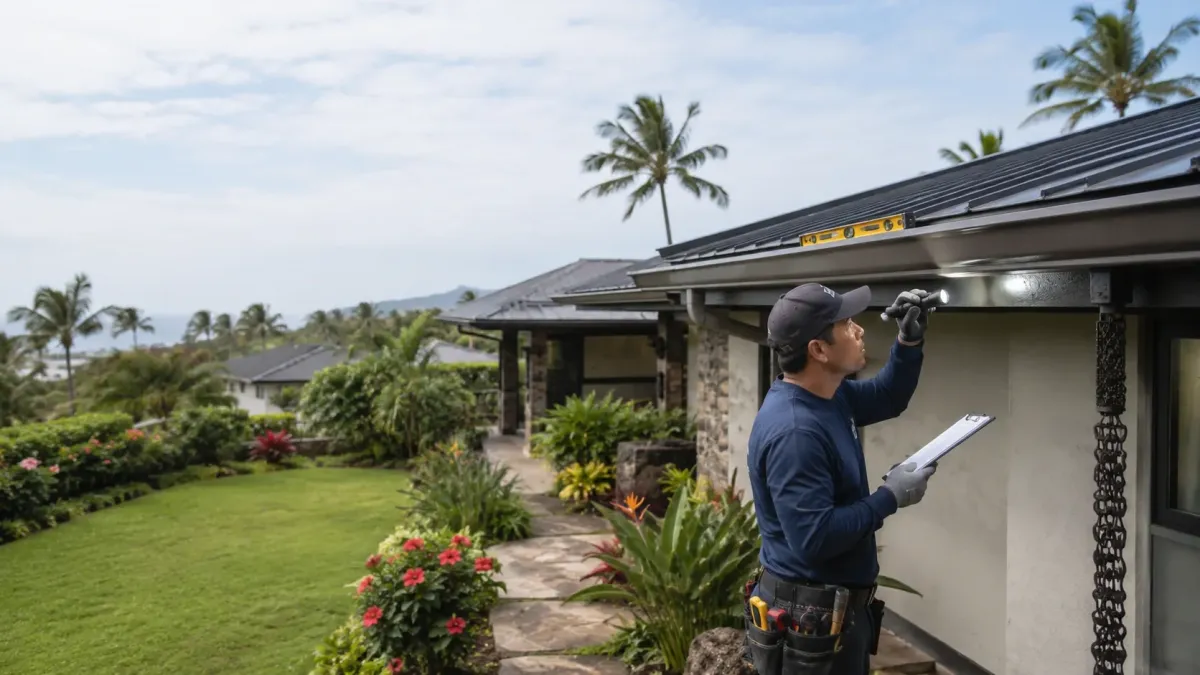 Gutter professional inspecting roofline gutters, hangers, seams, and drainage on a Honolulu home in Hawaii.