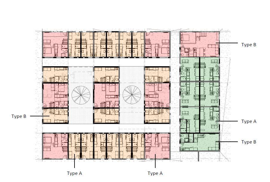 A digital rendering of a mixed-use real estate project featuring modern architecture, green rooftop spaces, and active street-level retail, set in a vibrant urban neighborhood.