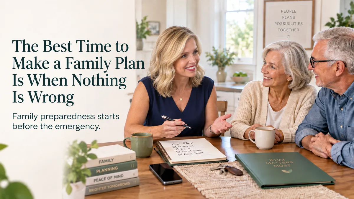 Nicole Porter discussing a family preparedness plan with older parents at a kitchen table.