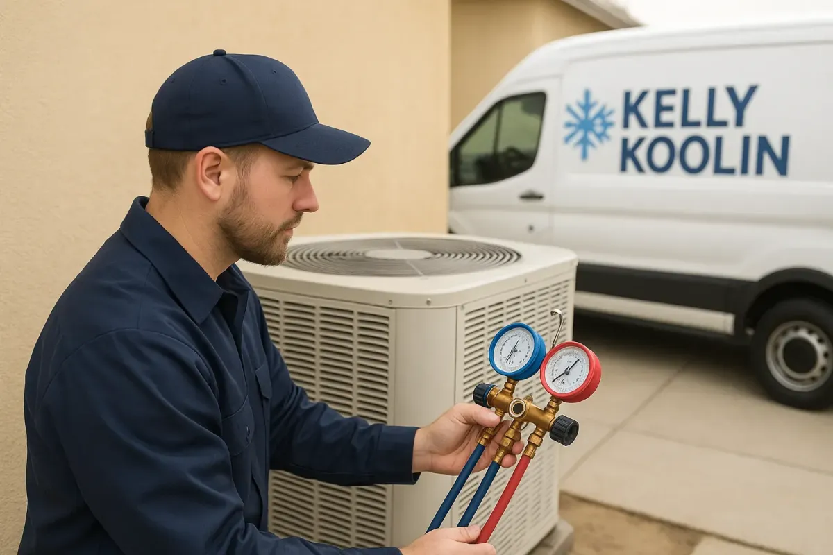 Kelly Koolin Technician fixing ac unit