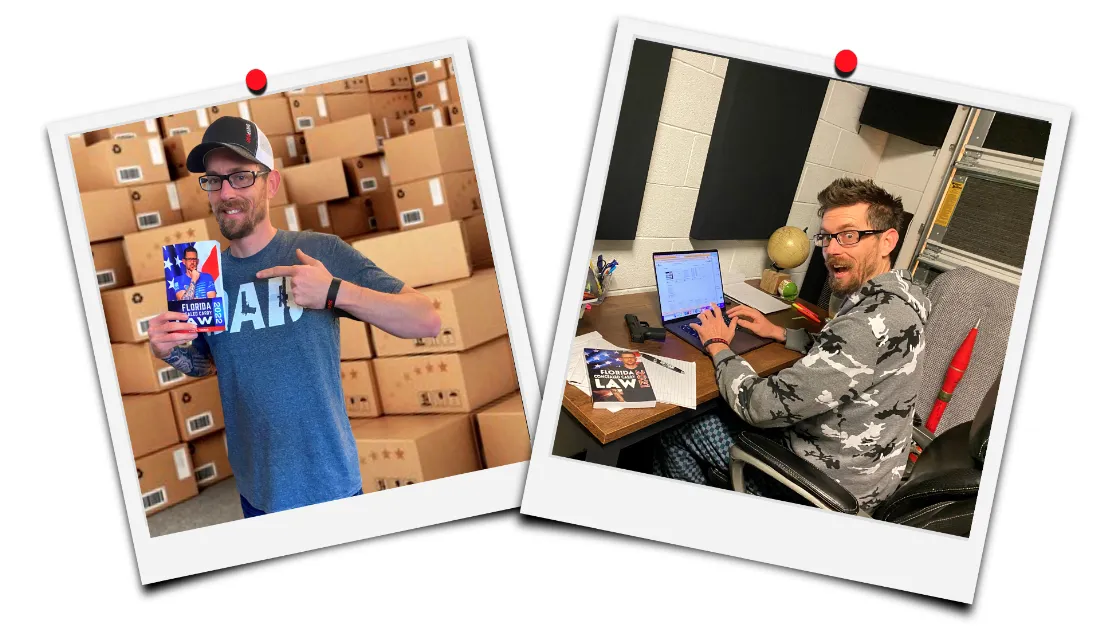 Ryan G. Thomas holding Florida Concealed Carry Law book in front of boxes; Ryan G. Thomas sitting in front of computer at desk