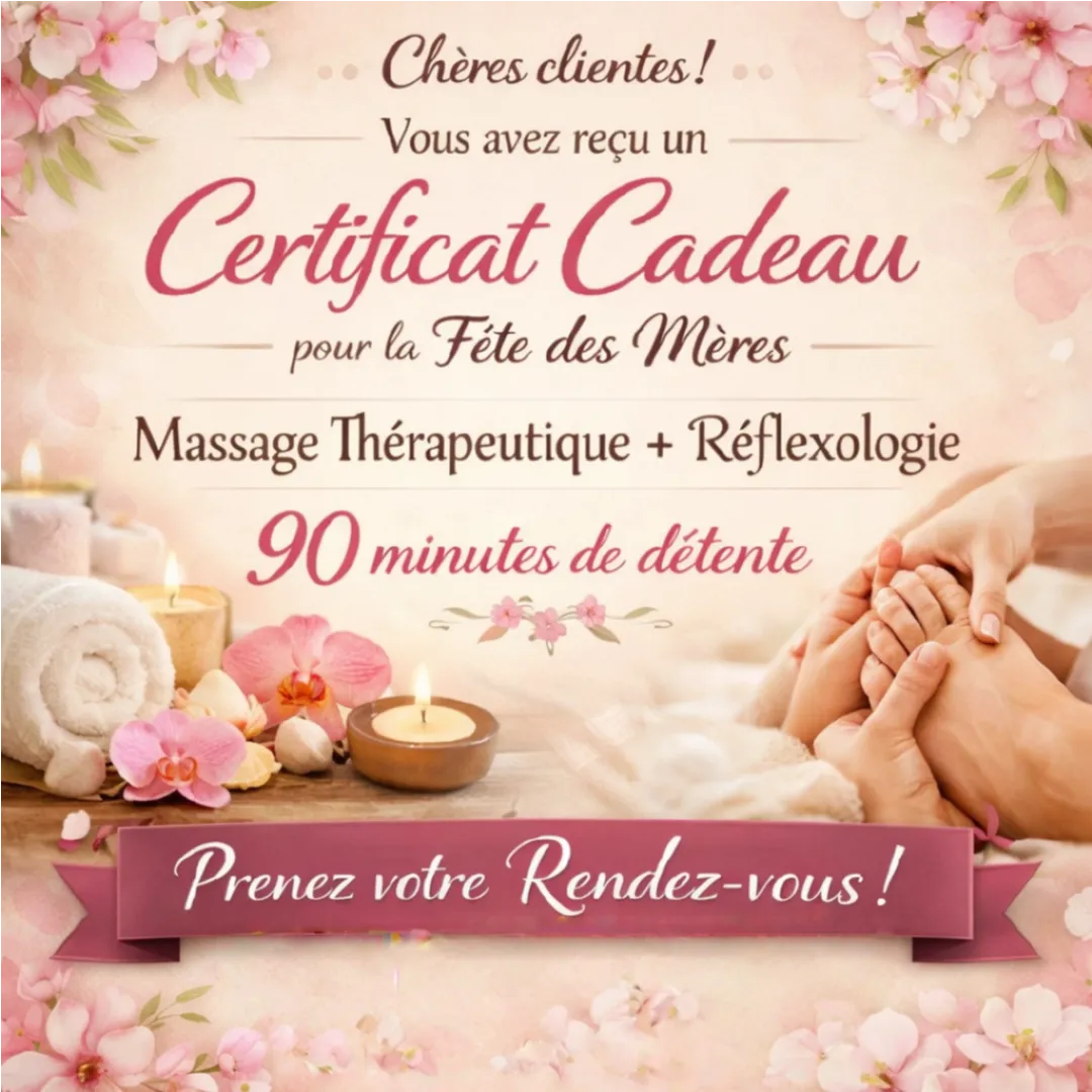 Calendrier de prise de rendez-vous pour clientes ayant reçu un certificat cadeau Fête des Mères – massage thérapeutique et réflexologie, 90 minutes de détente