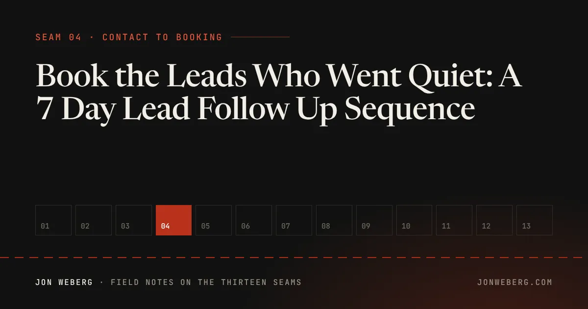 Lead follow up sequence cover: Seam 04, Contact to Booking, from The Thirteen Seams by Jon Weberg