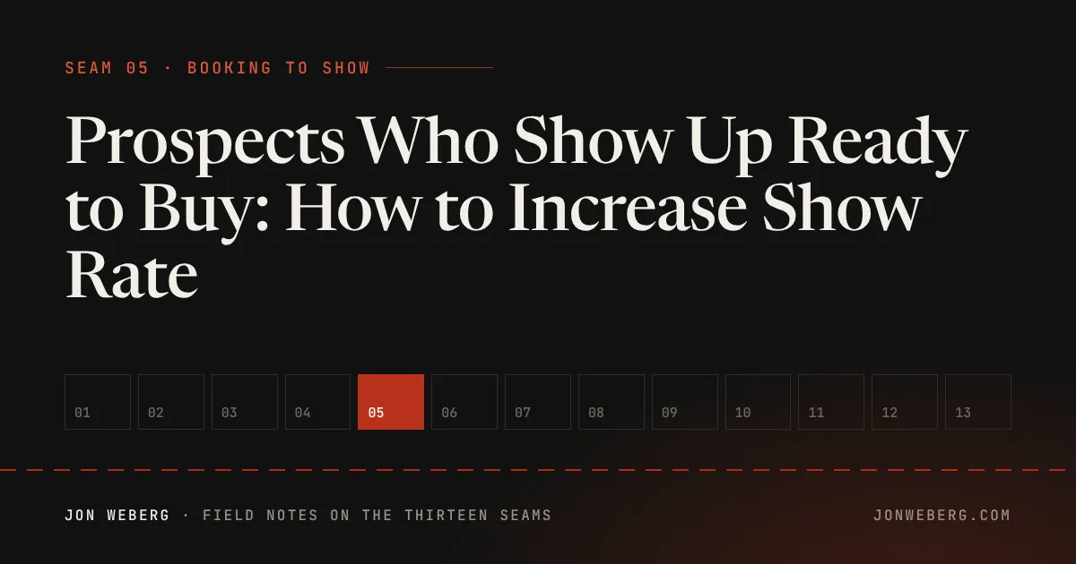 How to increase show rate cover: Seam 05, Booking to Show, from The Thirteen Seams by Jon Weberg