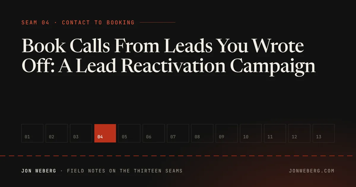 Lead reactivation campaign cover: Seam 04, Contact to Booking, from The Thirteen Seams by Jon Weberg