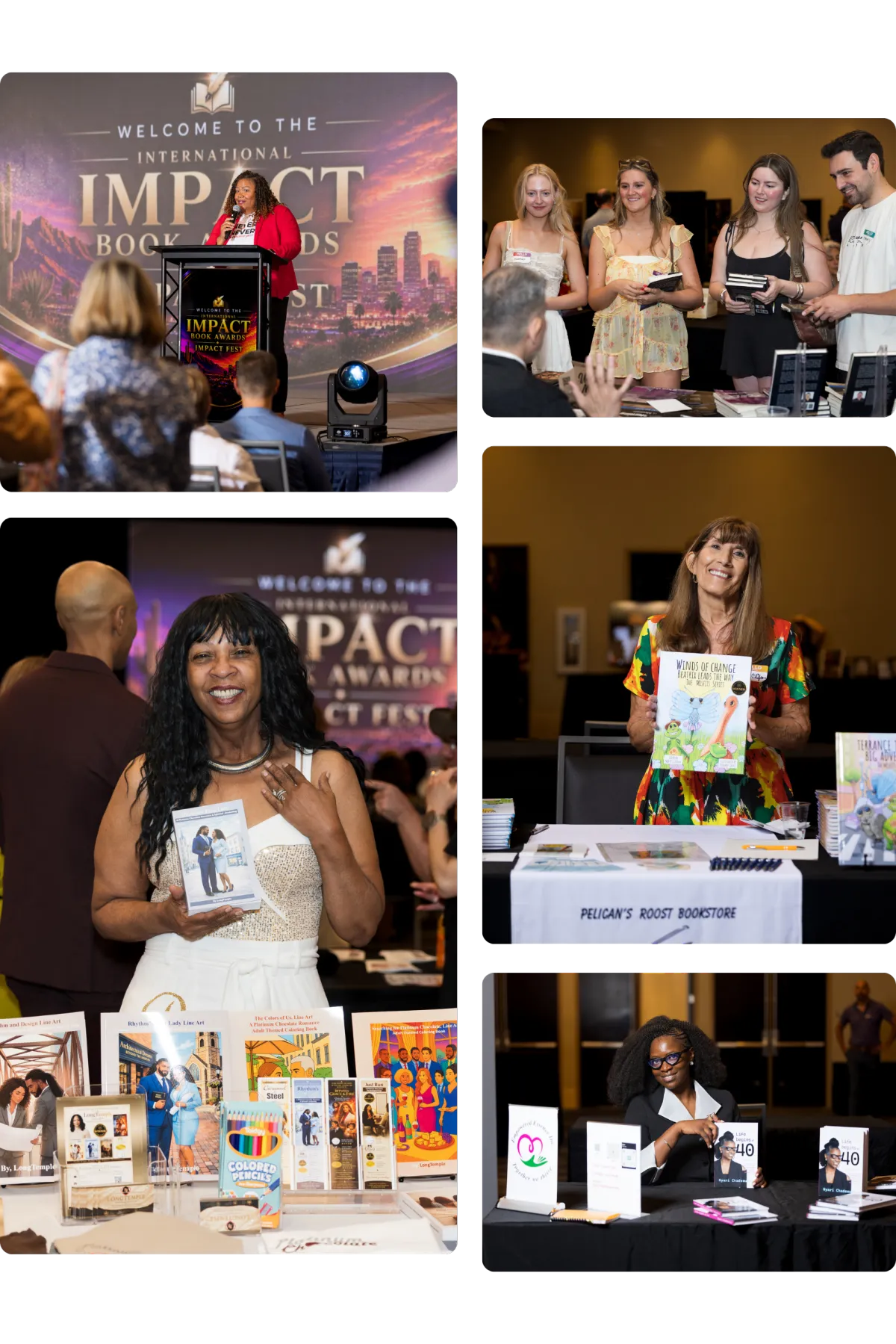 Moments from an International Impact Book Awards event: a speaker at the podium, authors at their book tables, and guests browsing displays.