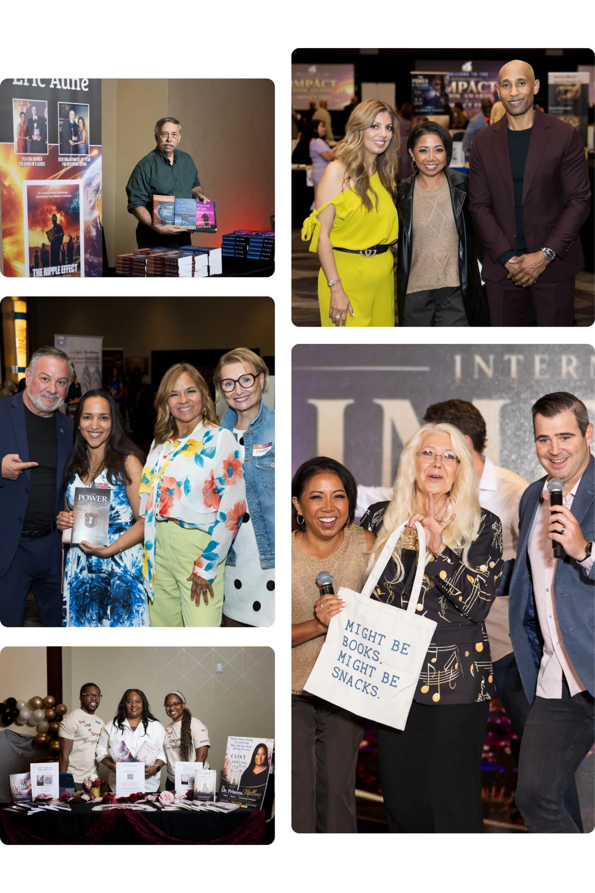 Further moments from an International Impact Book Awards event: book displays, author group photographs and guests on the floor.