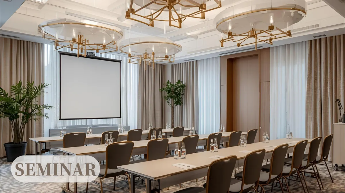 Mosaic-style image of a vibrant event hall decorated with colorful balloons, drapes, and patterned table settings. The scene features a diverse group of smiling guests, including children and adults, celebrating under bright lighting. The composition is lively, with rounded decor elements and a festive, joyful atmosphere.
