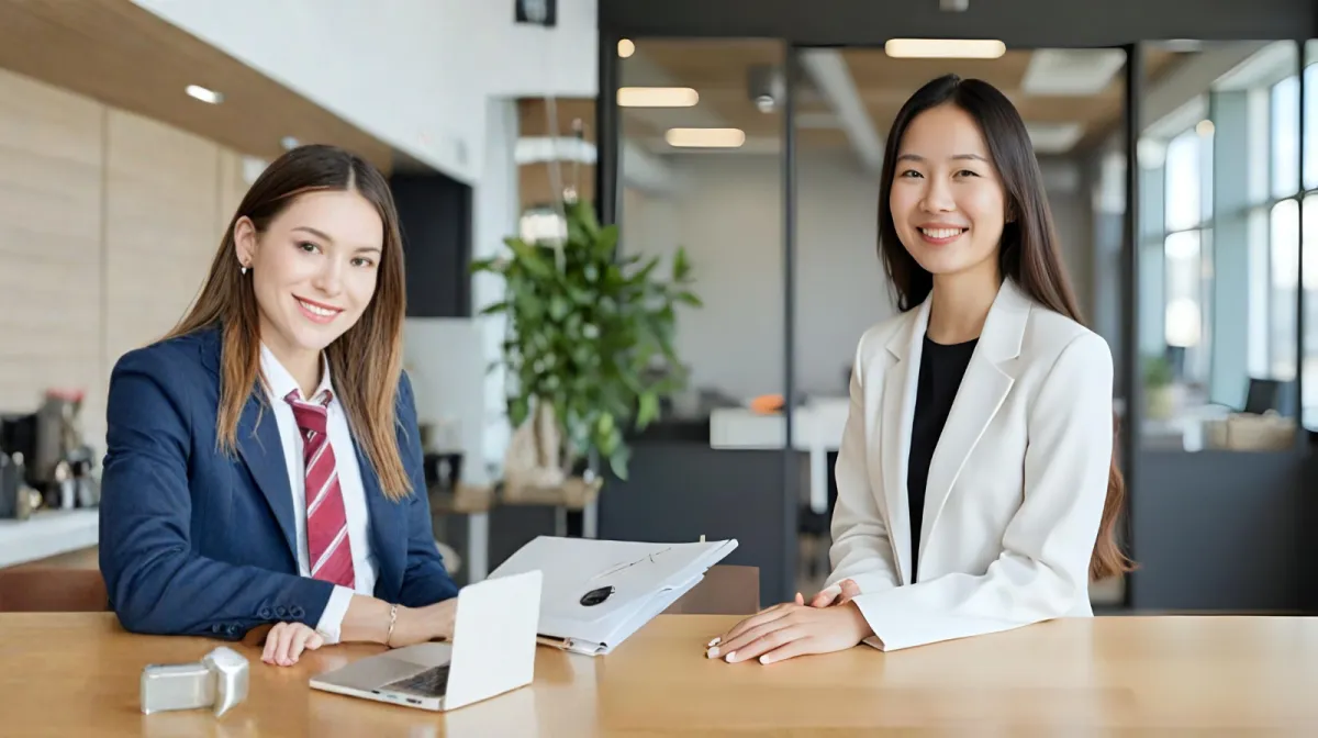 A modern, bright image of a contact desk with patterned stationery, a colorful pen holder, and a cheerful staff member ready to assist. The background features a mosaic wall design, and the setting is welcoming, organized, and friendly, emphasizing approachability.