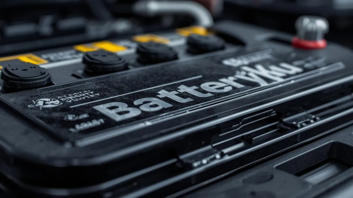 Close-up of a modern car battery with metallic terminals, set against a soft yellow and silver gradient background, highlighting the robust build and clean design. No branding, just the product.