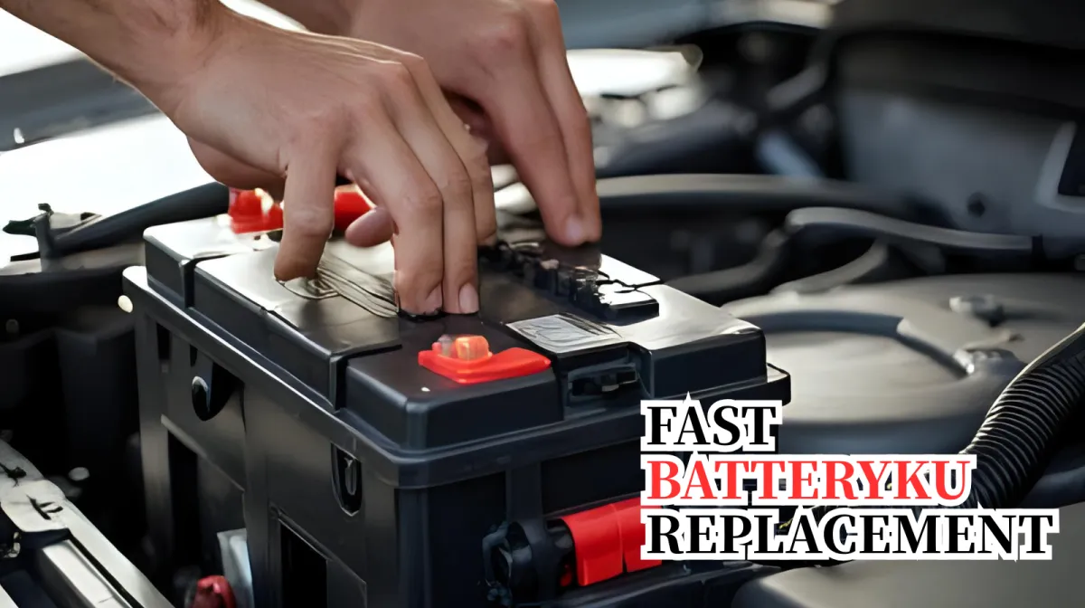 A friendly Malaysian technician in a branded uniform, holding a car battery and smiling, standing beside a modern sedan in a bright, open garage. The setting is clean and professional, with natural daylight.