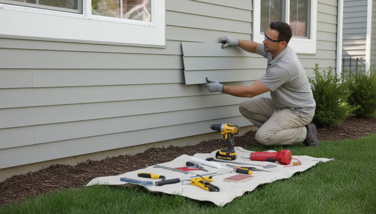 Technician installing exterior siding on a residential home with tools laid out on a mat, preparing for efficient and professional home repair work
