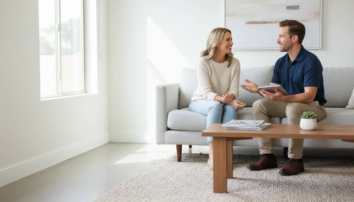 A professional home service consultant speaks with a smiling homeowner in a bright, modern Calgary living room, highlighting personalized in-home consultations and trusted customer service for home repair solutions.