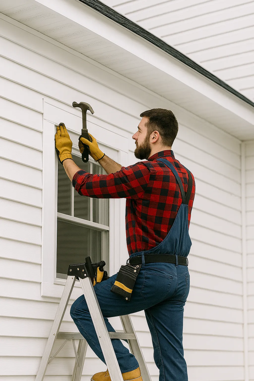 Professional contractor repairing window trim on a home with white vinyl siding, wearing work gloves and standing on a ladder — expert exterior home repair in Calgary.