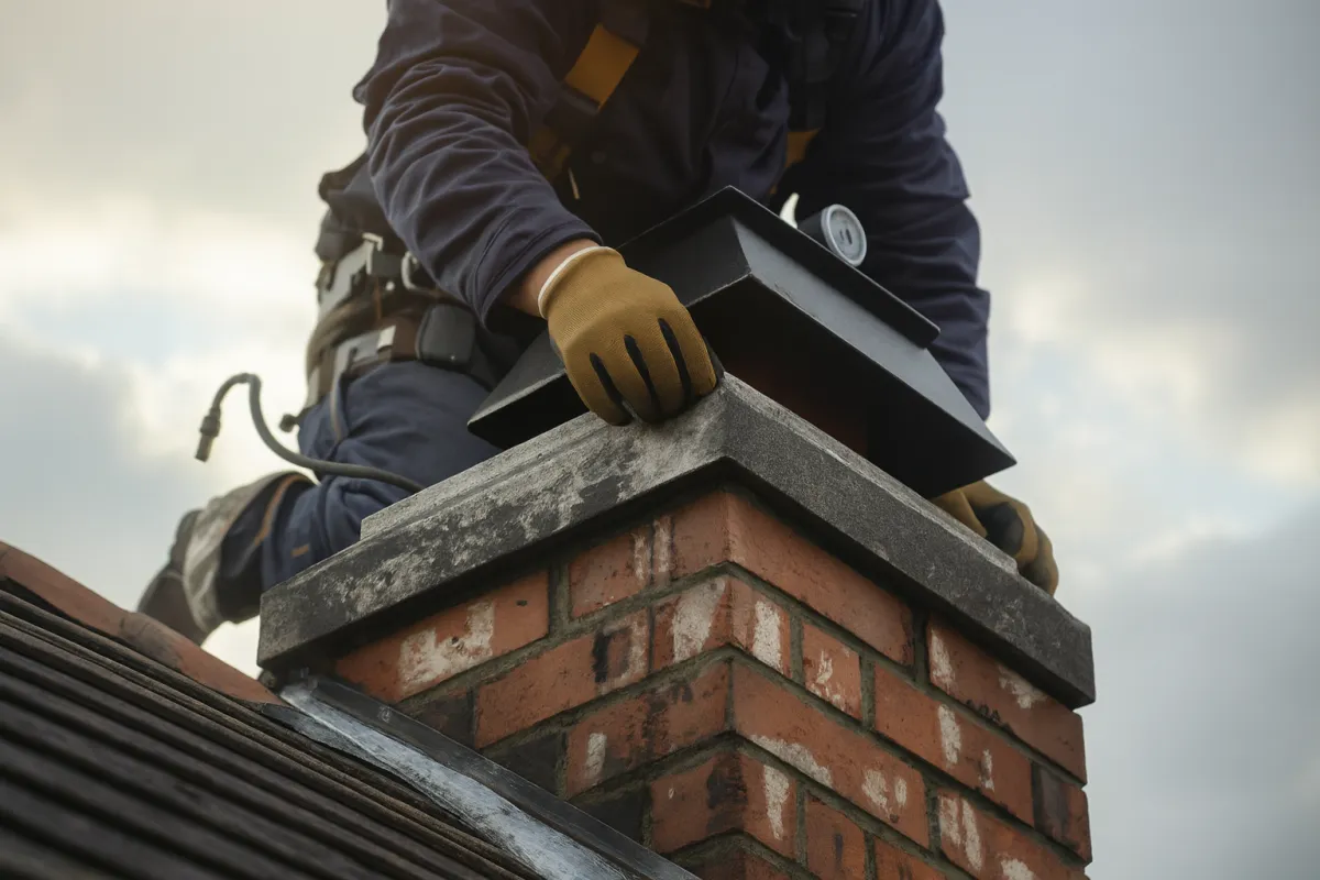 Close-up of a home repair technician in Calgary performing chimney cap installation on a brick chimney, showcasing trusted exterior repair services with a focus on safety and precision.