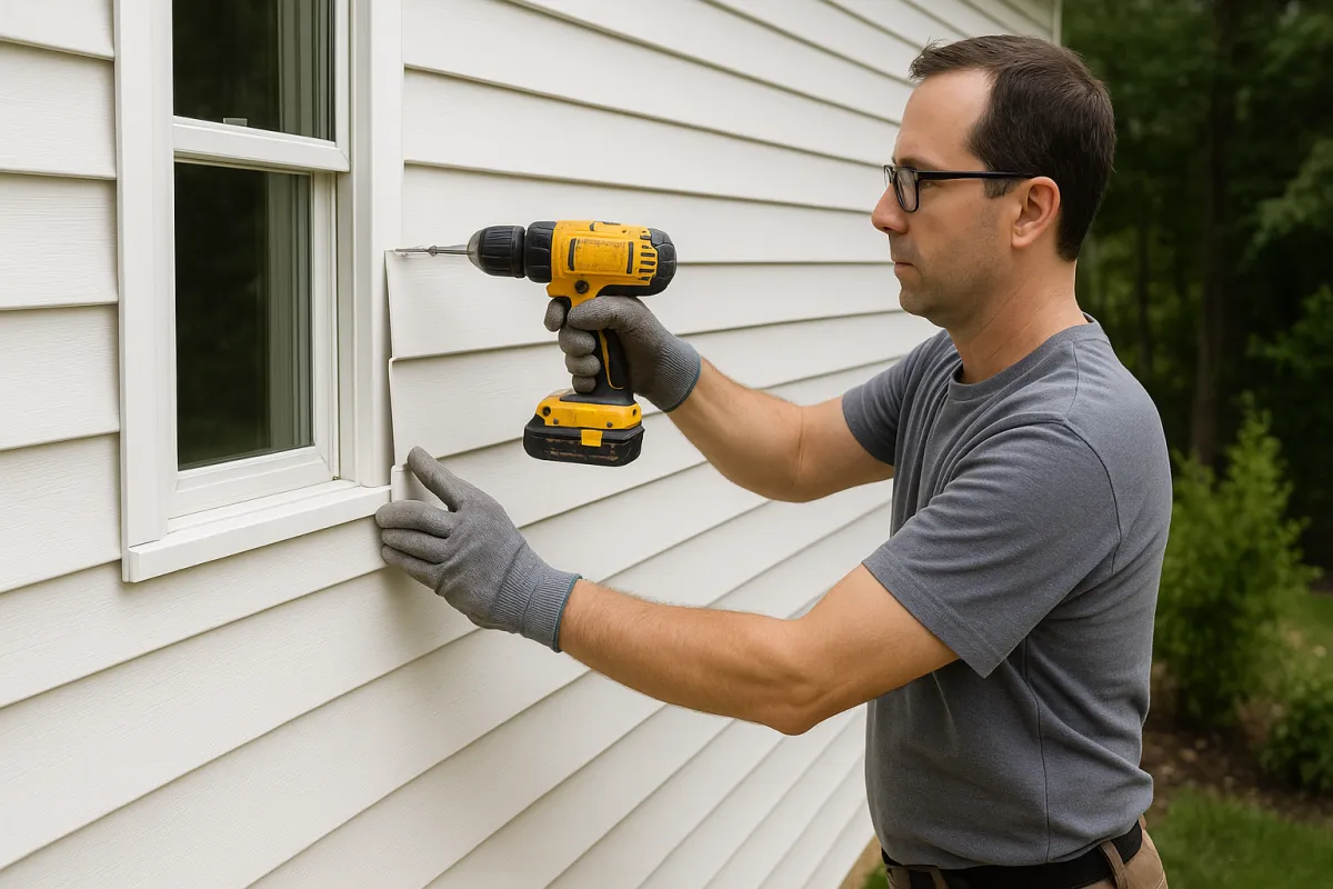 Professional home repair technician using a drill to secure exterior siding near a window on a residential house in Calgary, showcasing precision siding repair services focused on durability and curb appeal.