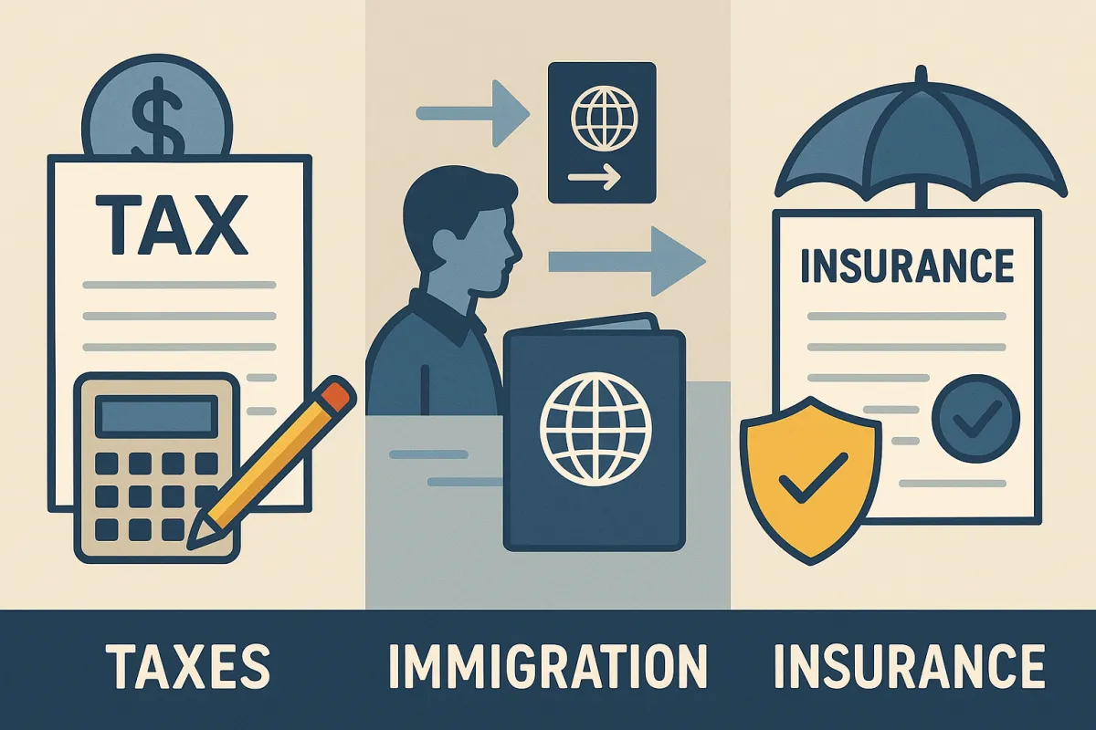 A confident, smiling Hispanic woman in business attire sits at a modern desk with neatly organized tax, immigration, and insurance documents, sunlight streaming through a window, conveying trust and professionalism. 3:2 aspect ratio.