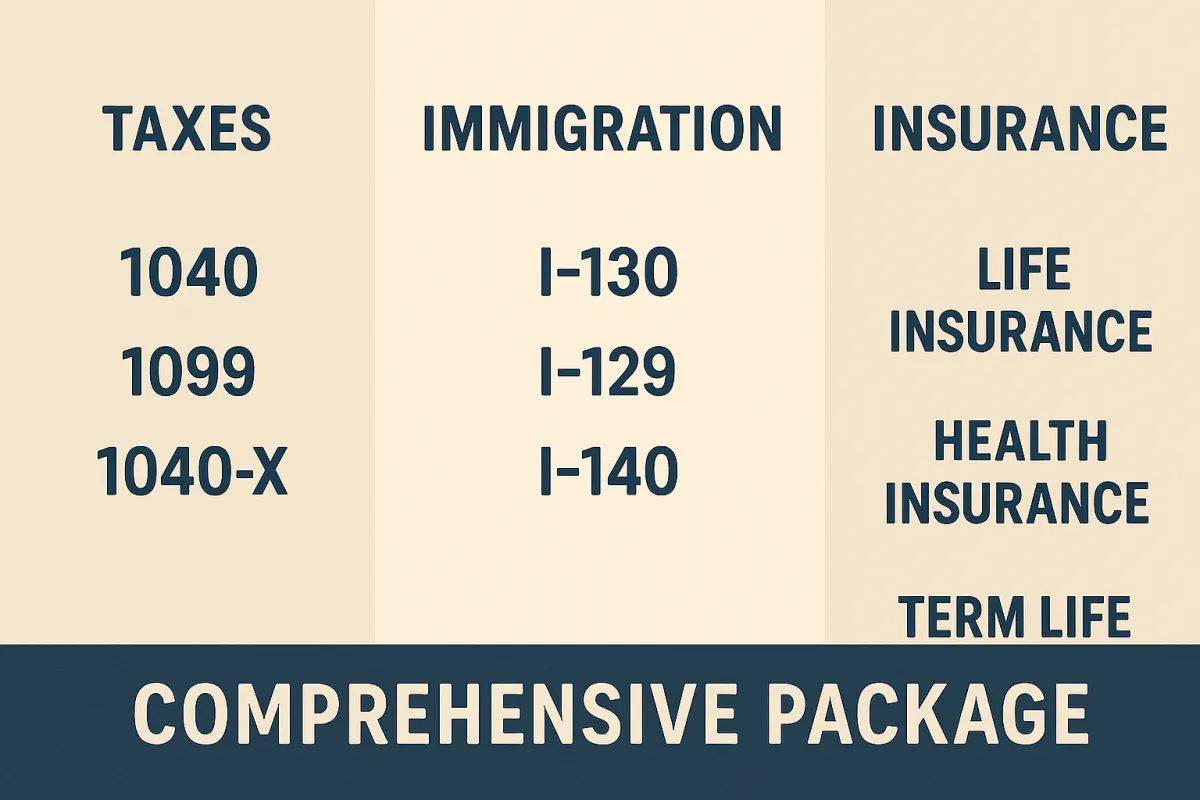 A diverse group of three professionals—one Black man, one Asian woman, and one older white woman—collaborate over tax, immigration, and insurance documents in a bright, modern office. 3:2 aspect ratio.