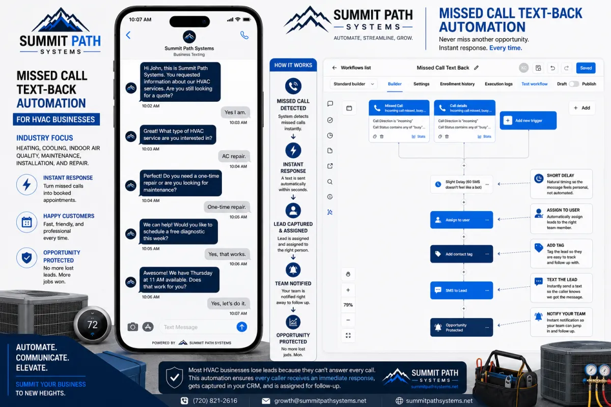 HVAC missed call text-back automation workflow for Summit Path Systems.