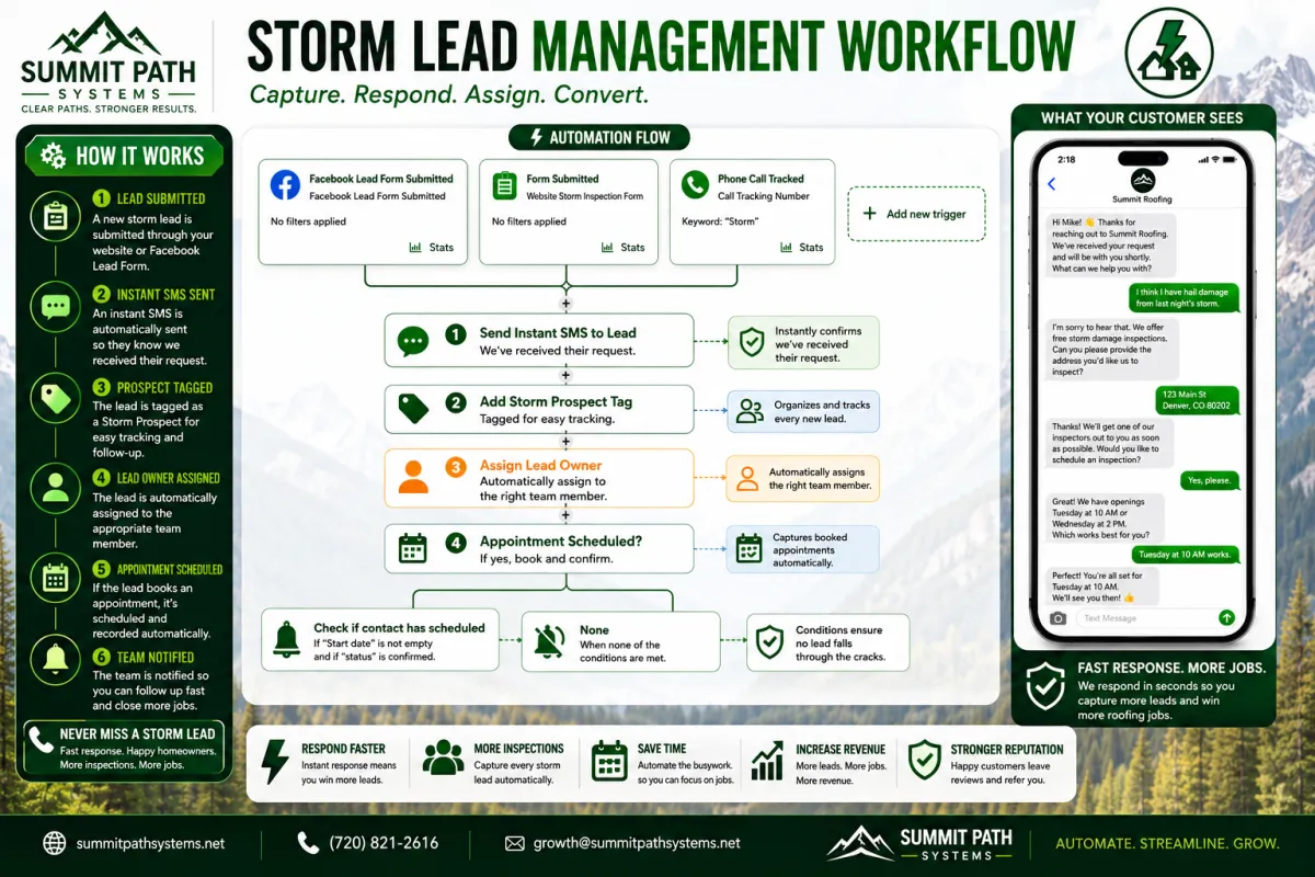 Roofing missed call text-back automation workflow for Summit Path Systems.