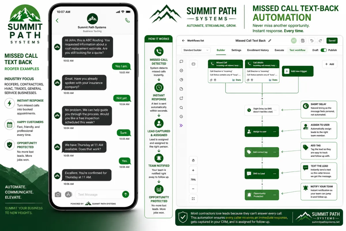 Roofing missed call text-back automation workflow for Summit Path Systems.
