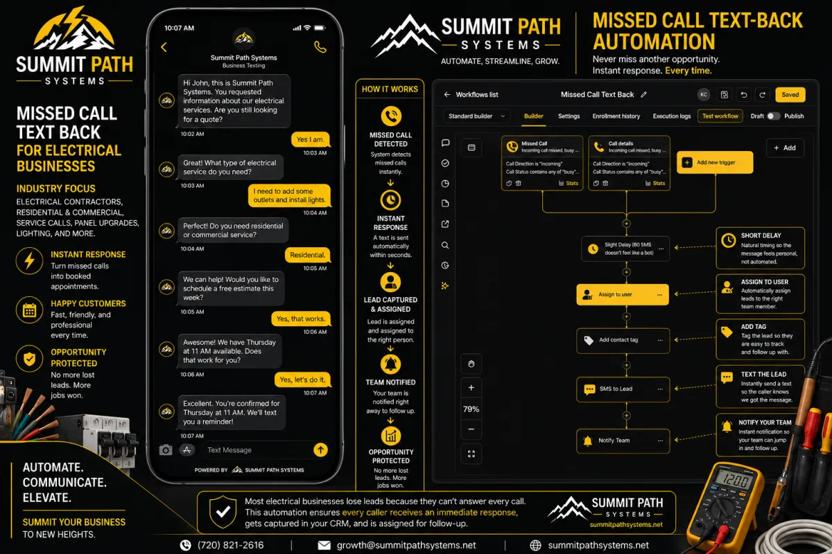 Electrical missed call text-back automation workflow for Summit Path Systems.