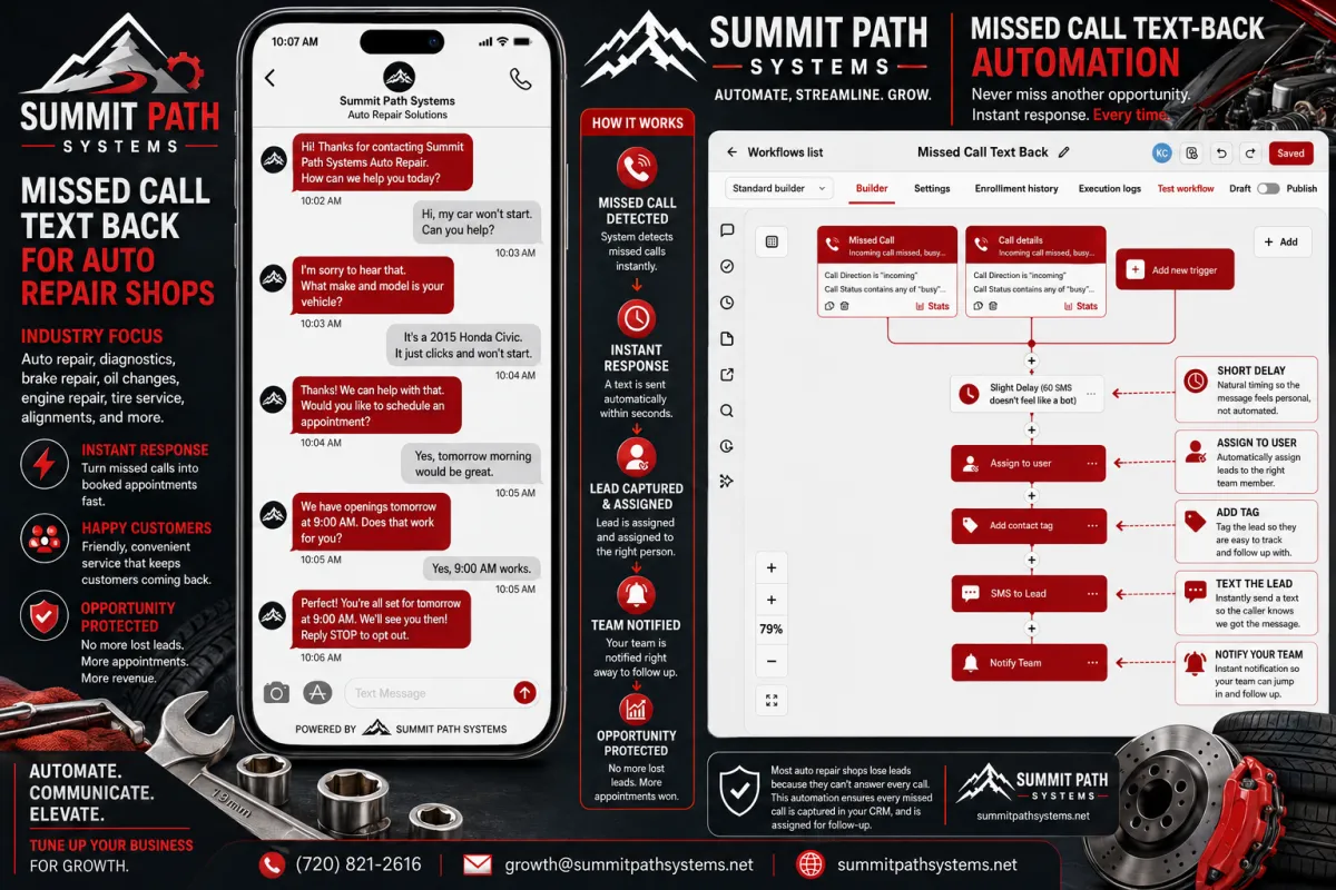 Auto Repair missed call text-back automation workflow for Summit Path Systems.