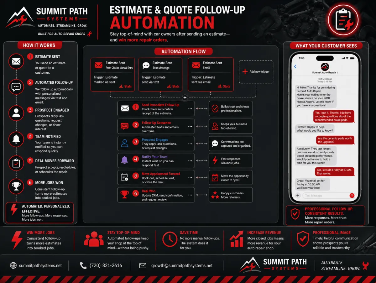 Auto repair estimate follow-up automation workflow for Summit Path Systems.