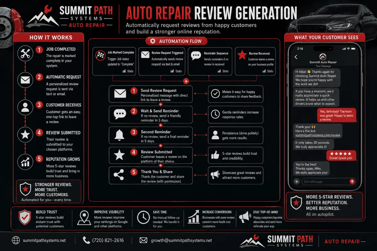 Auto repair review generation automation workflow for Summit Path Systems.