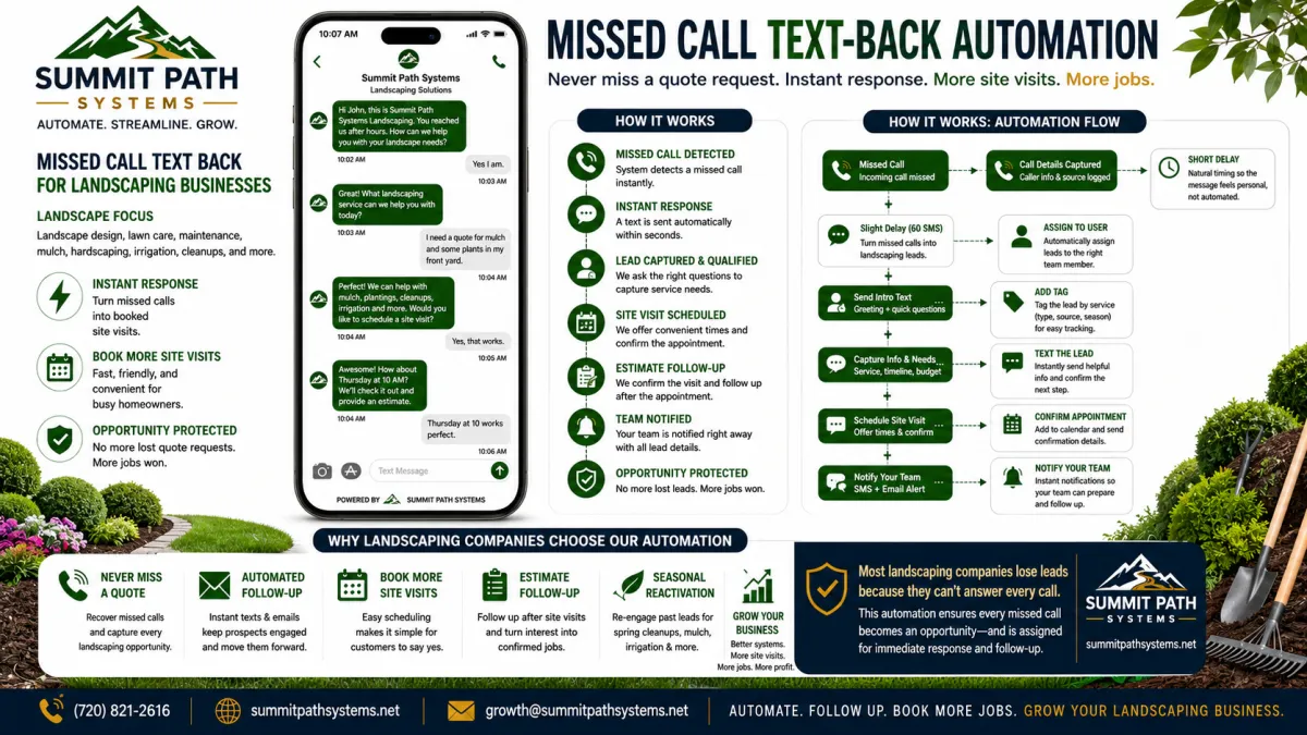 Landscaping Missed Call automation workflow for Summit Path Systems.g