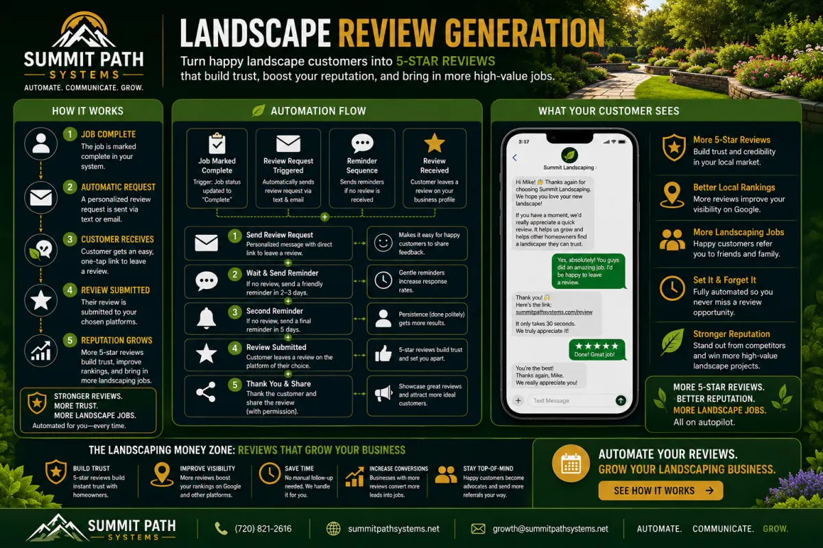 Landscaping review generation automation workflow for Summit Path Systems.