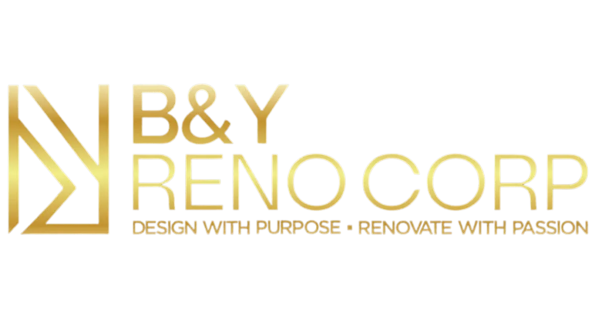 "B&Y Reno Corp gold logo with tagline: Design With Purpose · Renovate With Passion"