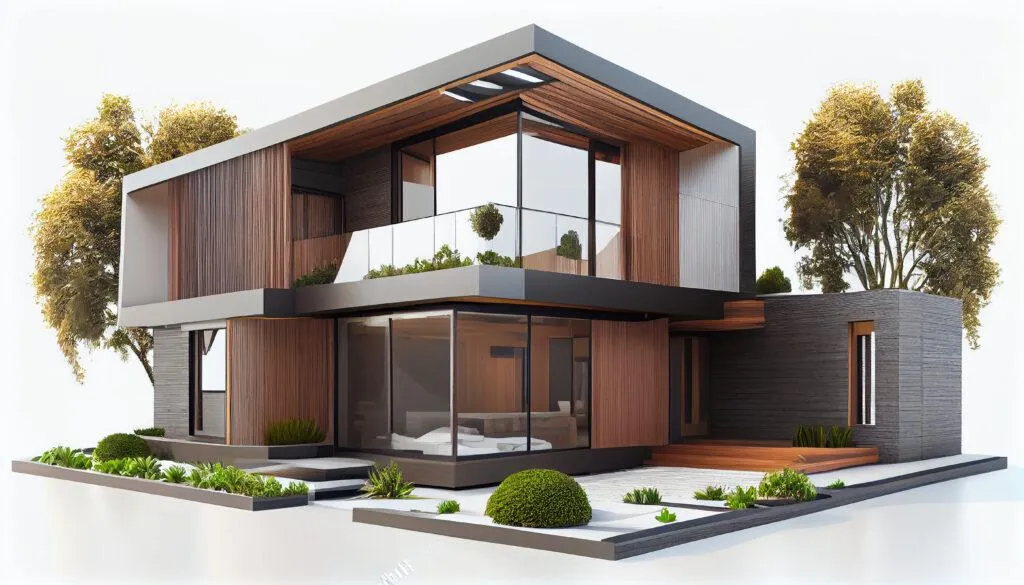 Contemporary custom home design with geometric architecture, floor-to-ceiling windows, and mixed wood and stone finishes — a modern residential build by B&Y Reno Corp.