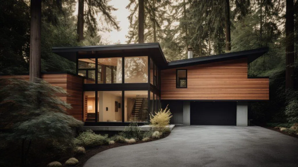 "Modern custom-built home surrounded by forest, featuring wood cladding, large glass panels, and a sloped roof — designed and constructed by B&Y Reno Corp."