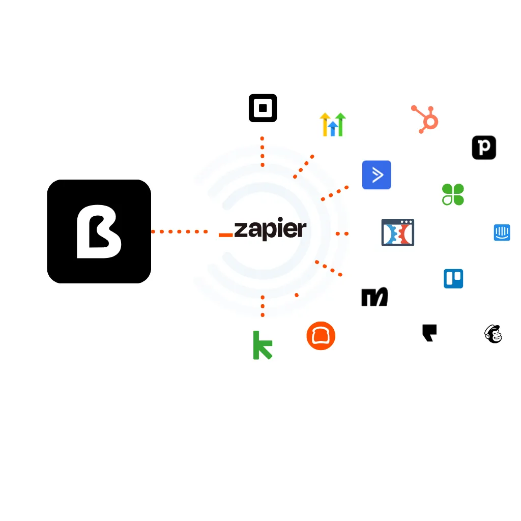 Integration diagram showing a central connector hub and floating app icons for CRM, POS, email and analytics