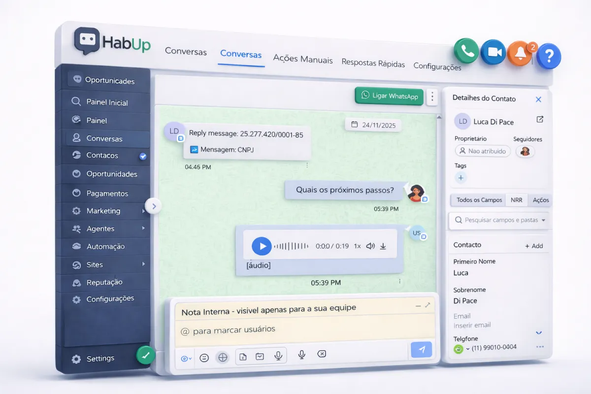Unified CRM platform interface showing integrated email, chat, and call logs, with AI-driven insights and a clean, modern workspace. The background is light and professional, emphasizing clarity and organization.