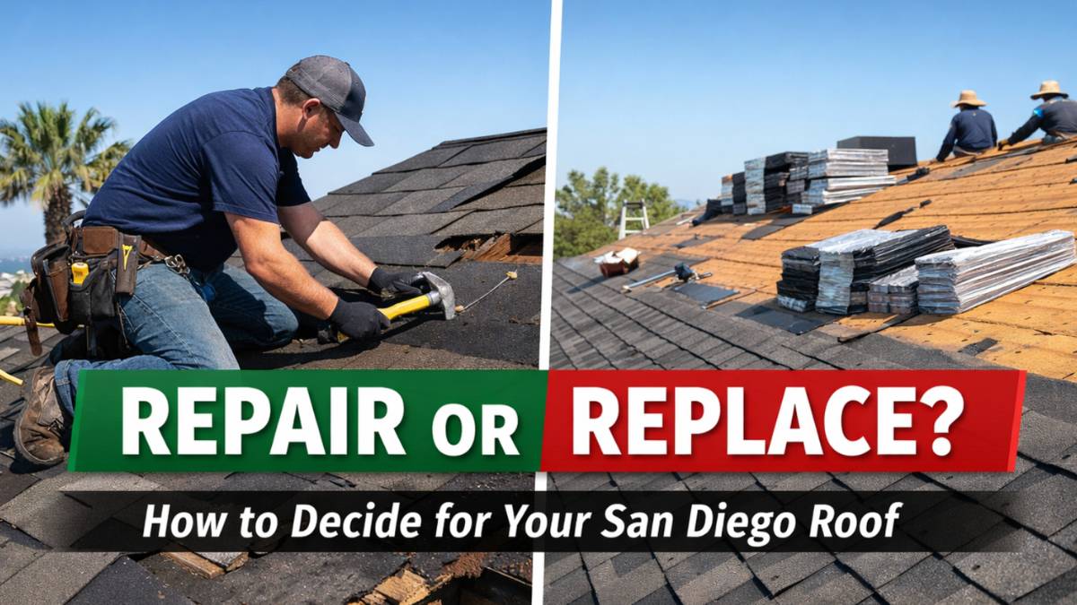 Roof repair vs roof replacement comparison on a San Diego home with contractor working on shingles